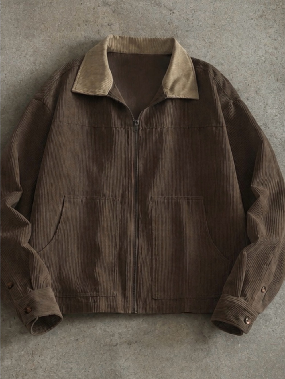 Men's Corduroy Zip Jacket with Contrast Collar - Brown